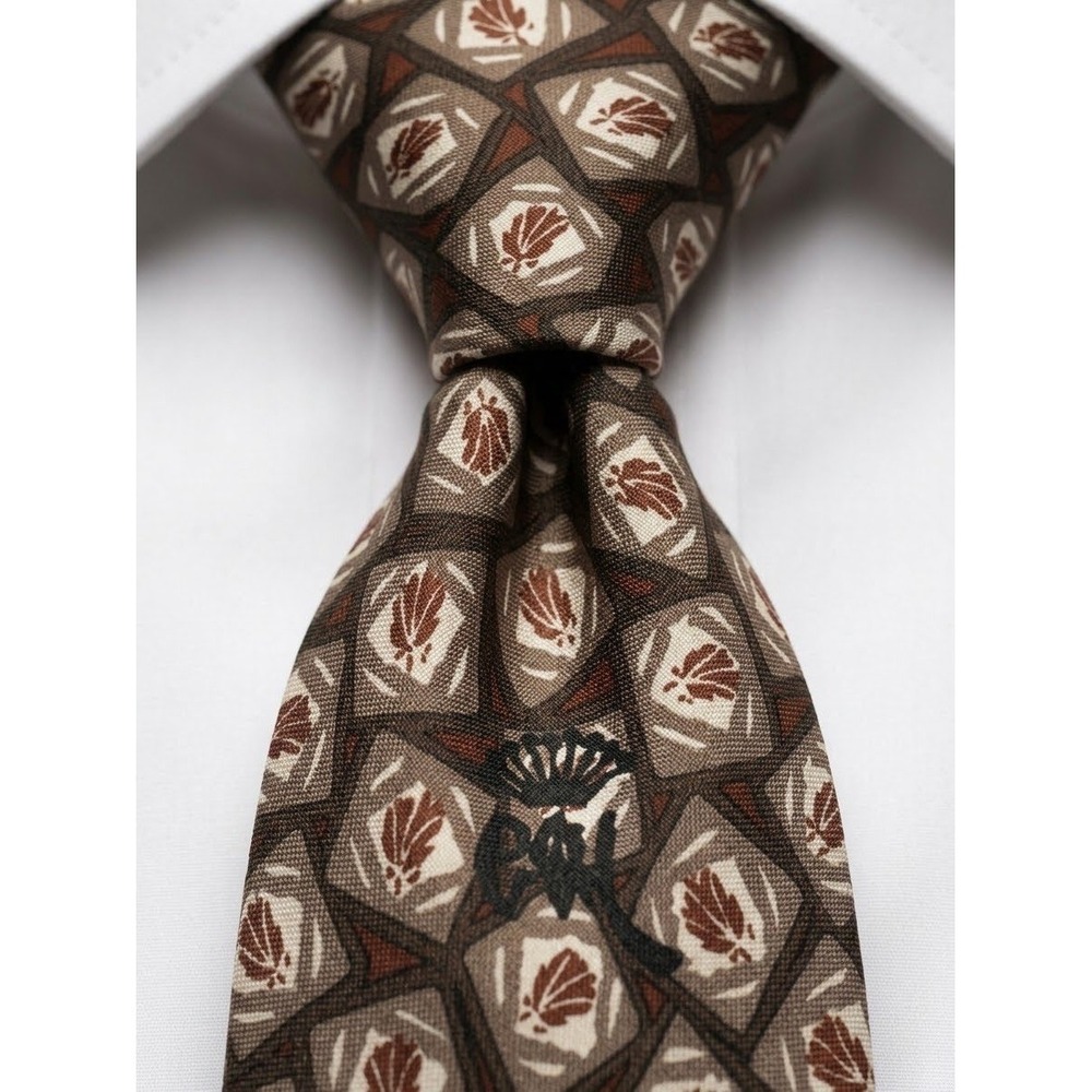 Countess Mara Mens Silk Tie Brown Geometric Leaf Pattern Made in USA 57x3.75